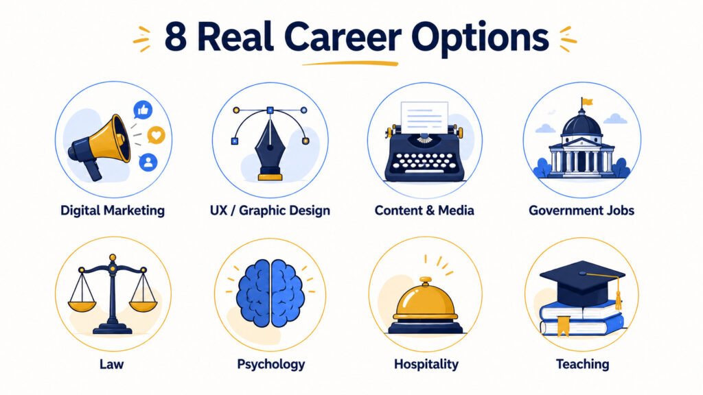 Eight arts career path icons including marketing, design and law