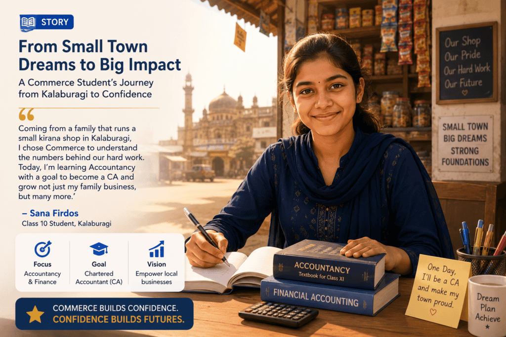 Confident young Indian girl from a small town smiling while studying accountancy books, kirana shop