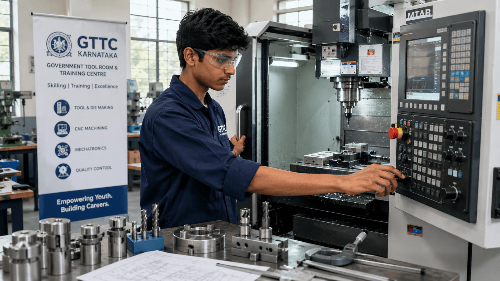 What is GTTC Karnataka? Student receiving hands-on CNC machining training at the Government Tool Room and Training Centre (GTTC), Karnataka.
