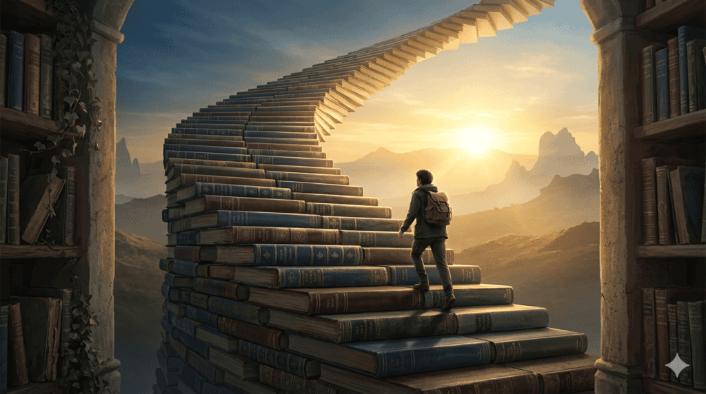 Staircase of books symbolising career growth through continuous learning 