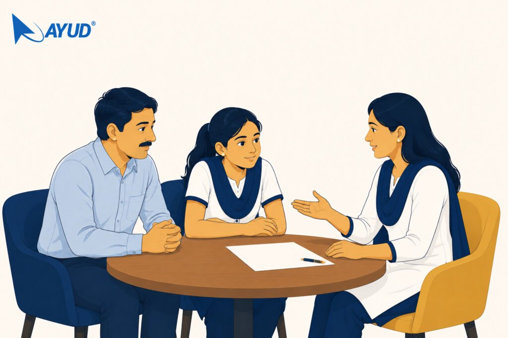 Career counselling session with a parent and student choosing between commerce and arts