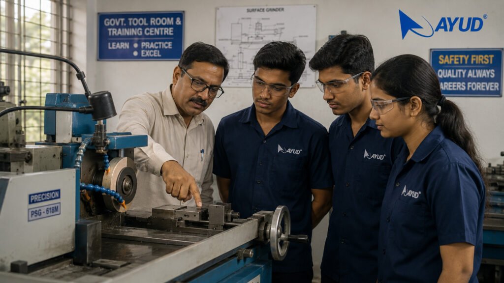 GTTC diploma students learning tool and die making in a Karnataka workshop