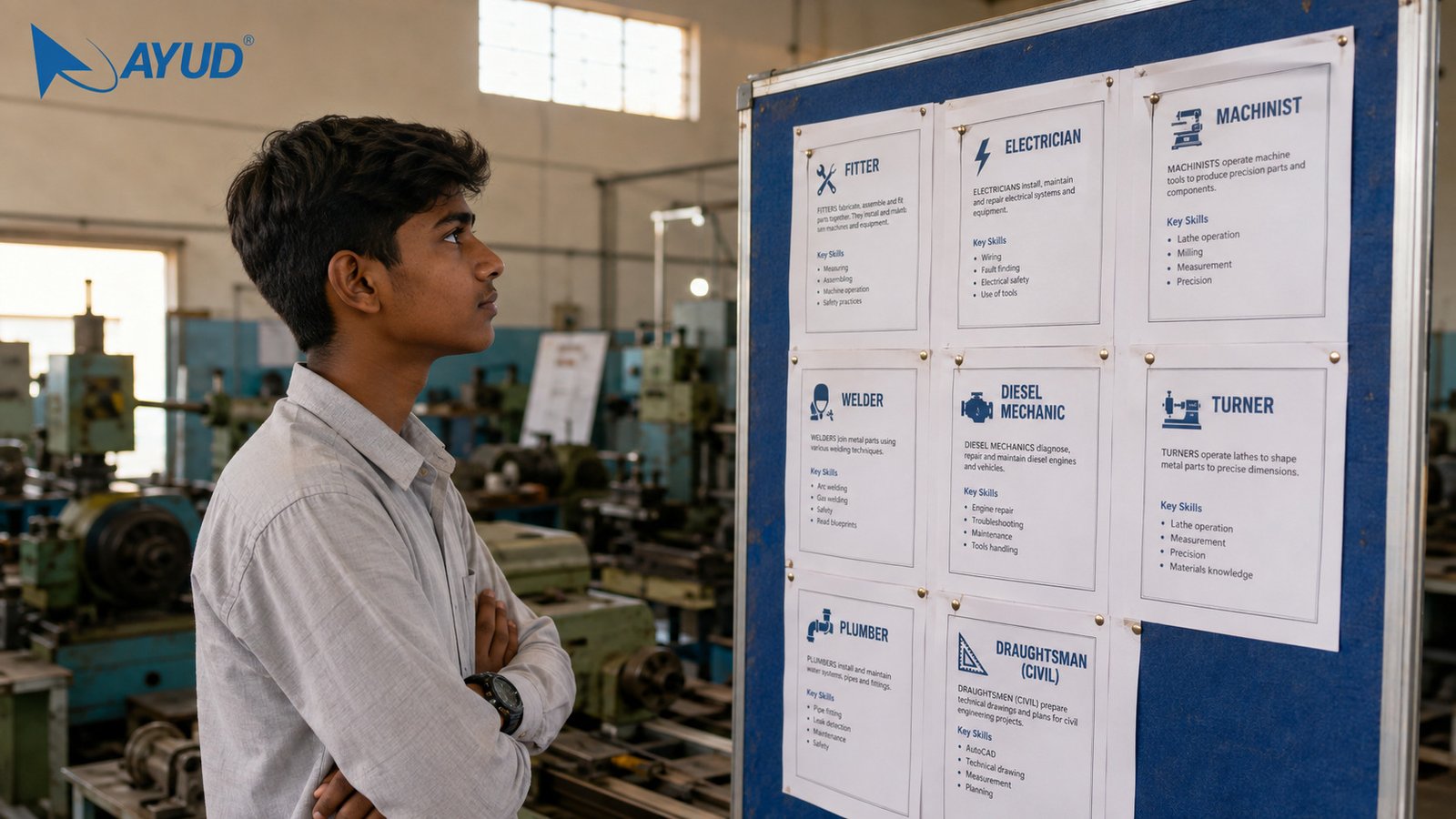 Karnataka student comparing the best ITI trade in Karnataka on a workshop noticeboard